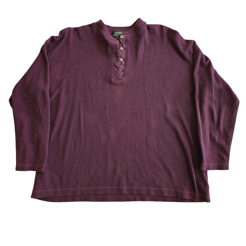 Vintage 90s Lauren Ralph Lauren Eggplant Waffle Knit Henley Shirt 3/4 Sleeve L
